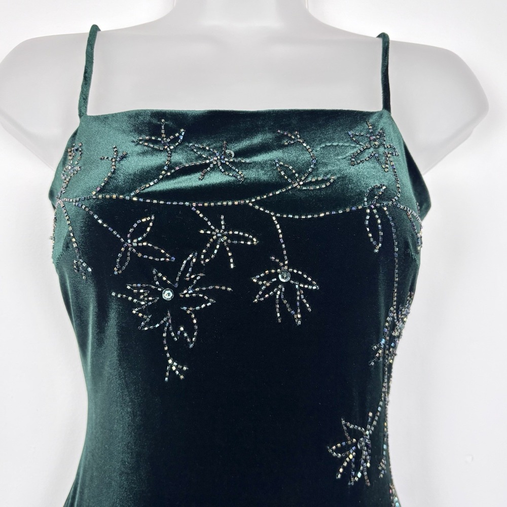 Vintage Hoco Dress 5 / 6 Emerald Green Maxi Velvet Whimsigoth Floral Beaded Slit